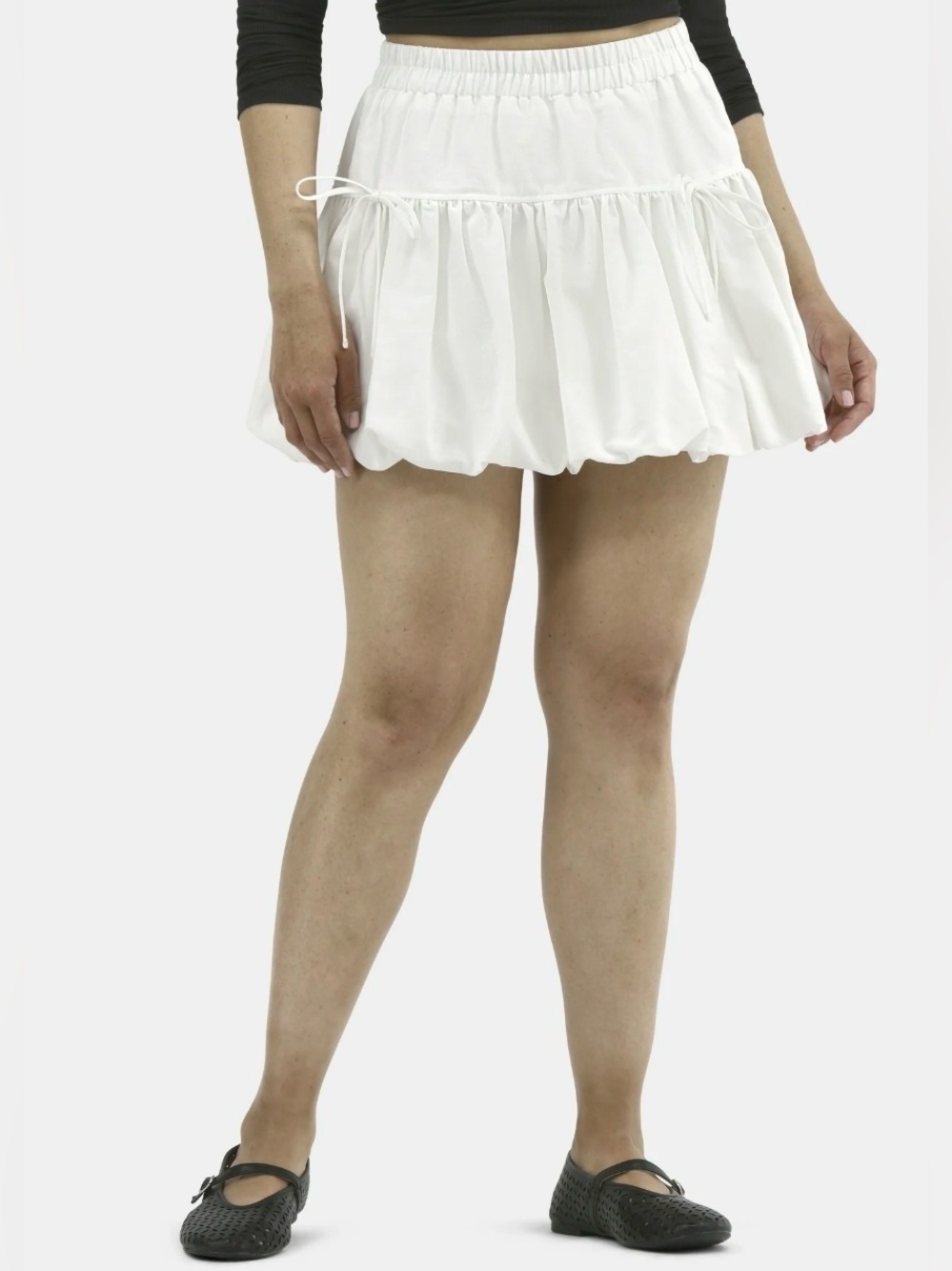 No Boundaries Vivid White High Rise Front Tie Bubble Hem With Bows Mini Skirt
